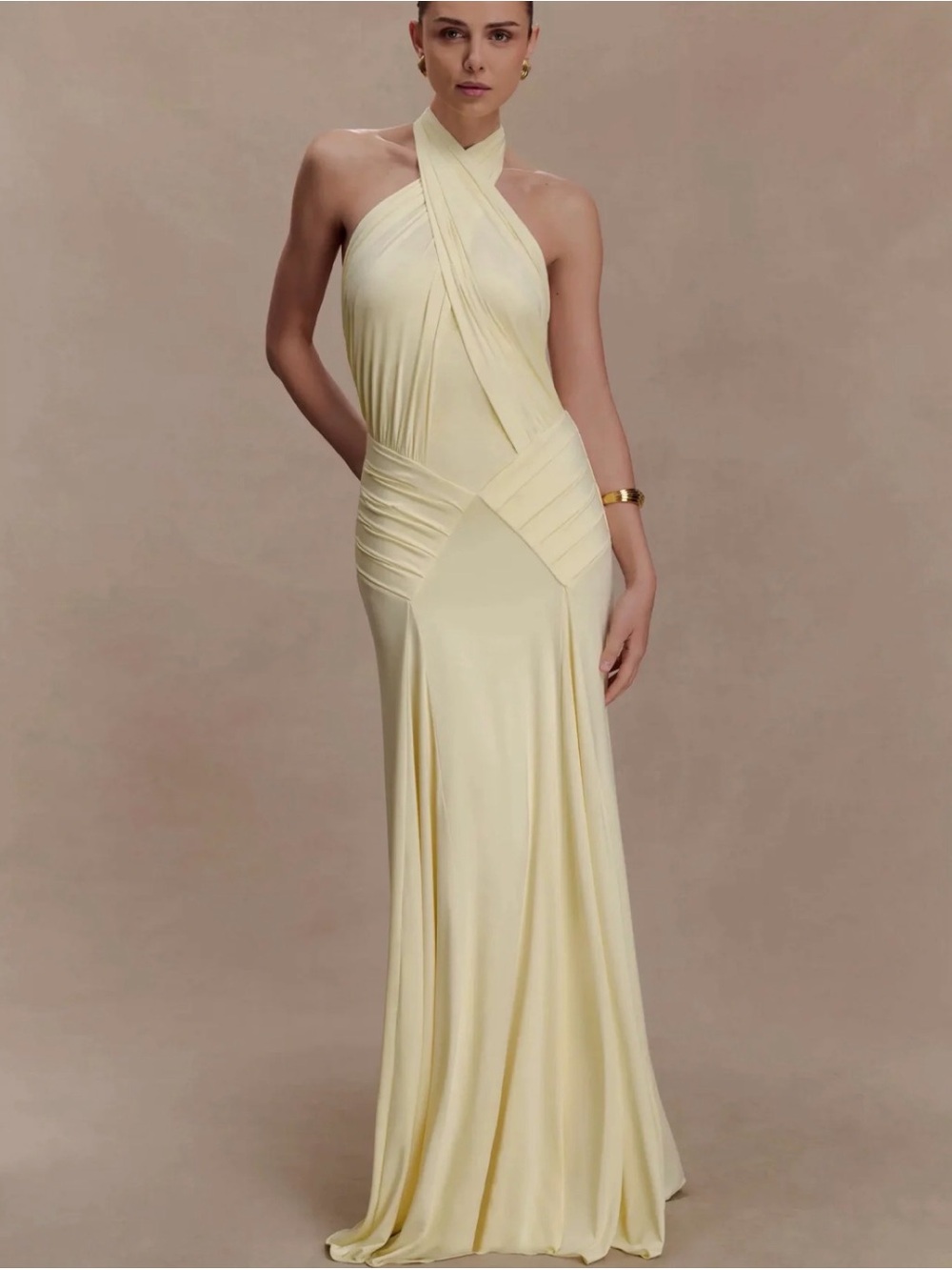 Meshki Light Yellow Cross-Halter Maxi Gown